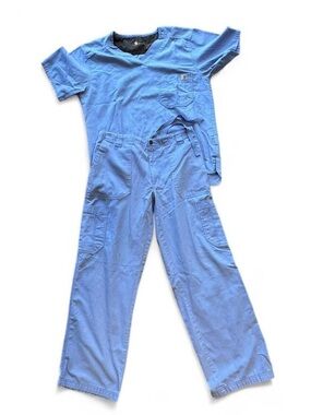 Carhartt Men's Light Blue Scrub Set shirt small pants 30x30 small dot stains O8